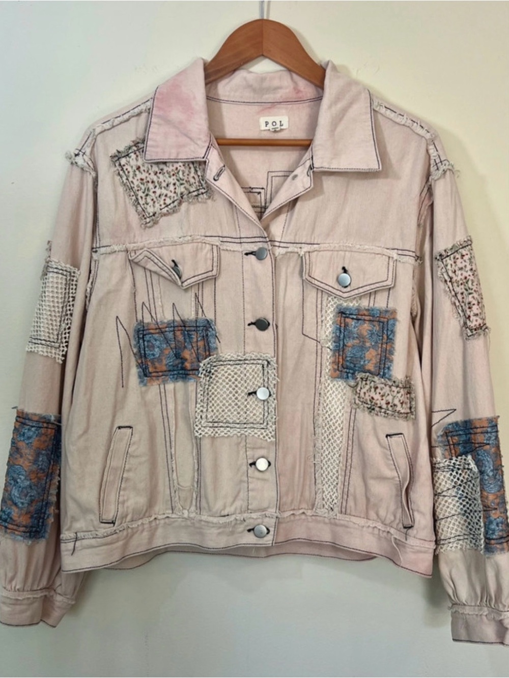 POL Oversized Patchwork Jean Jacket Rose
Floral Lace Distressed Shacket